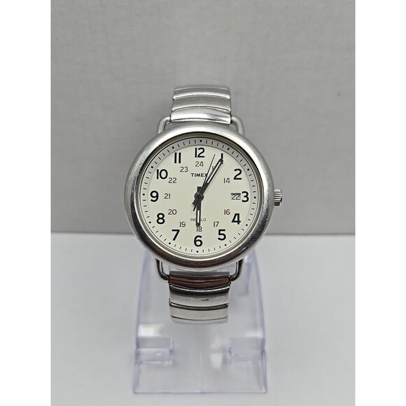 Timex T2P015 Camper Indiglo 37mm Quartz White Dial Date Silver Tone New Battery - Picture 1 of 13